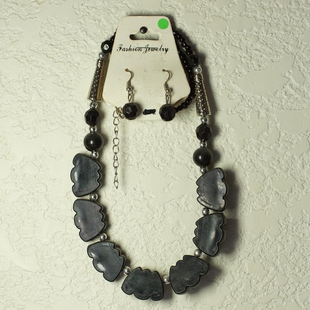 Black Bead Necklace and Earring Set